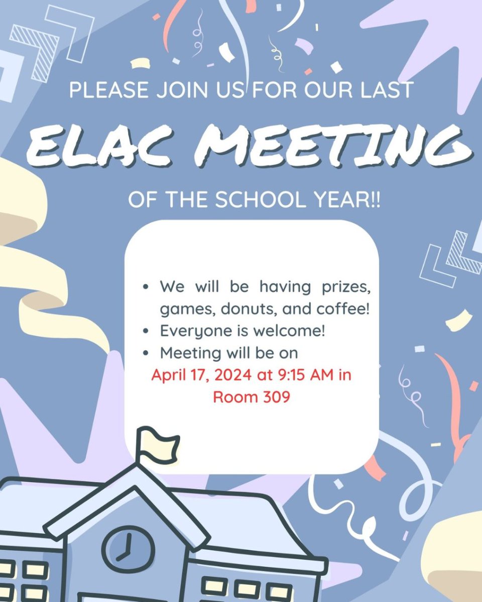 Please note that this ELAC Meeting is our LAST ELAC Meeting for the school year! We will be having prizes, games, donuts, and coffee! Join us on Wednesday, April 17 at 9:15AM.

#THISisMMS #TheRoadrunnerWay

#YouBelong #RoadrunnerPride #YouBelongMMS #YouBelongCV

@cajonvalleyusd