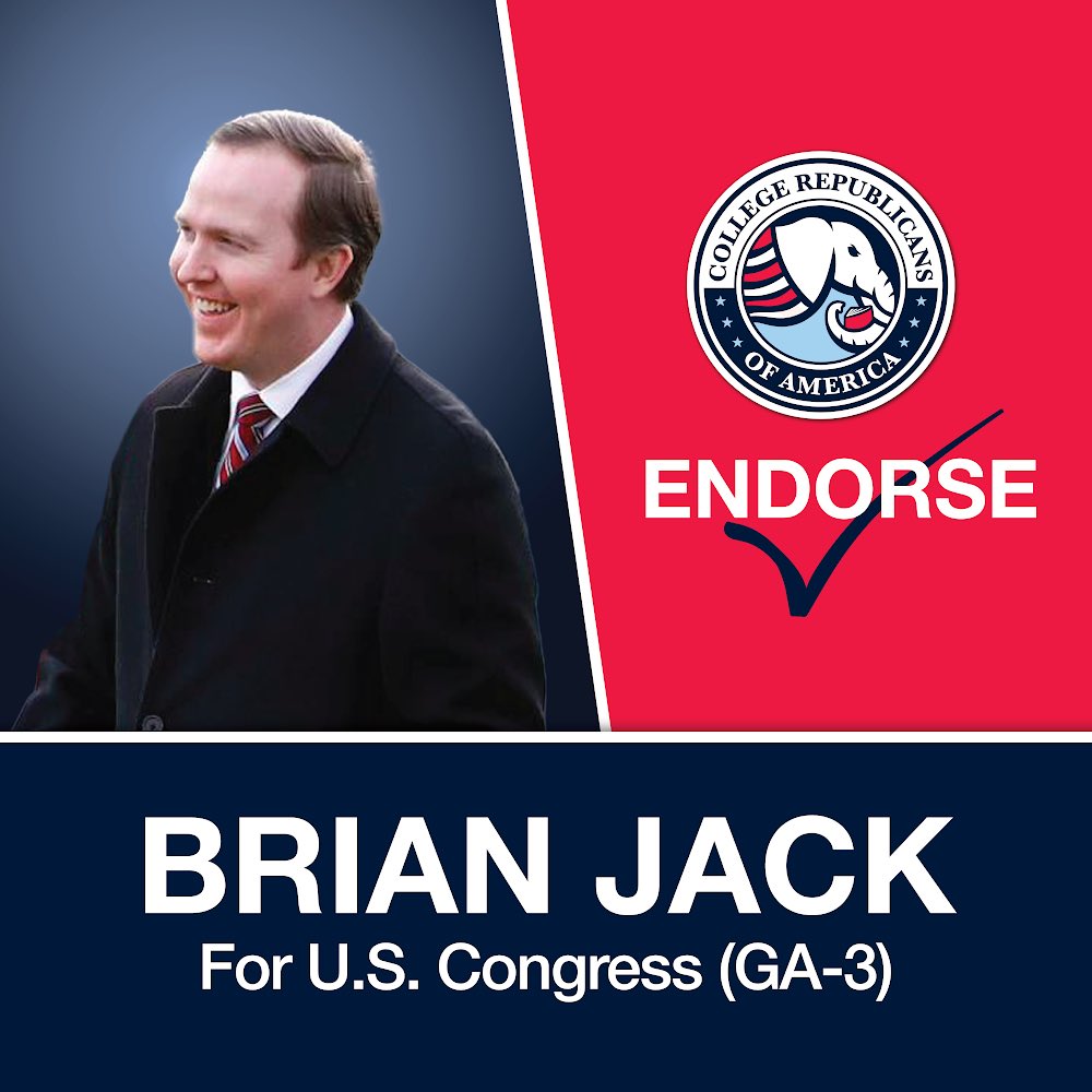 College Republicans of America is excited to be endorsing Brian Jack for Congress in Georgia’s 3rd district. @BrianTJack will be a relentless fighter in Congress, serving the people of Georgia just as he served Americans as White House Political Director under President Trump.