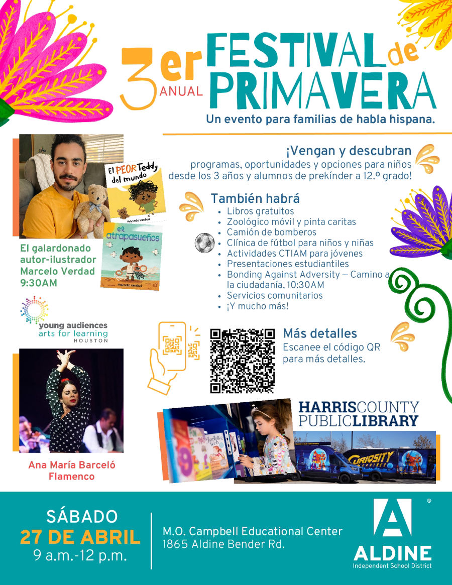 Our Festival de Primavera is almost here. Come and enjoy with your family and friends. Nuestro Festival de Primavera ya casi está aquí. Ven y disfruta con tu familia y amigos. @AldineISD @delgadong94 @Aldine_Bil_ESL @MariaRe53304919 @EscalonEda #FestivalDePrimavera #MiAldine