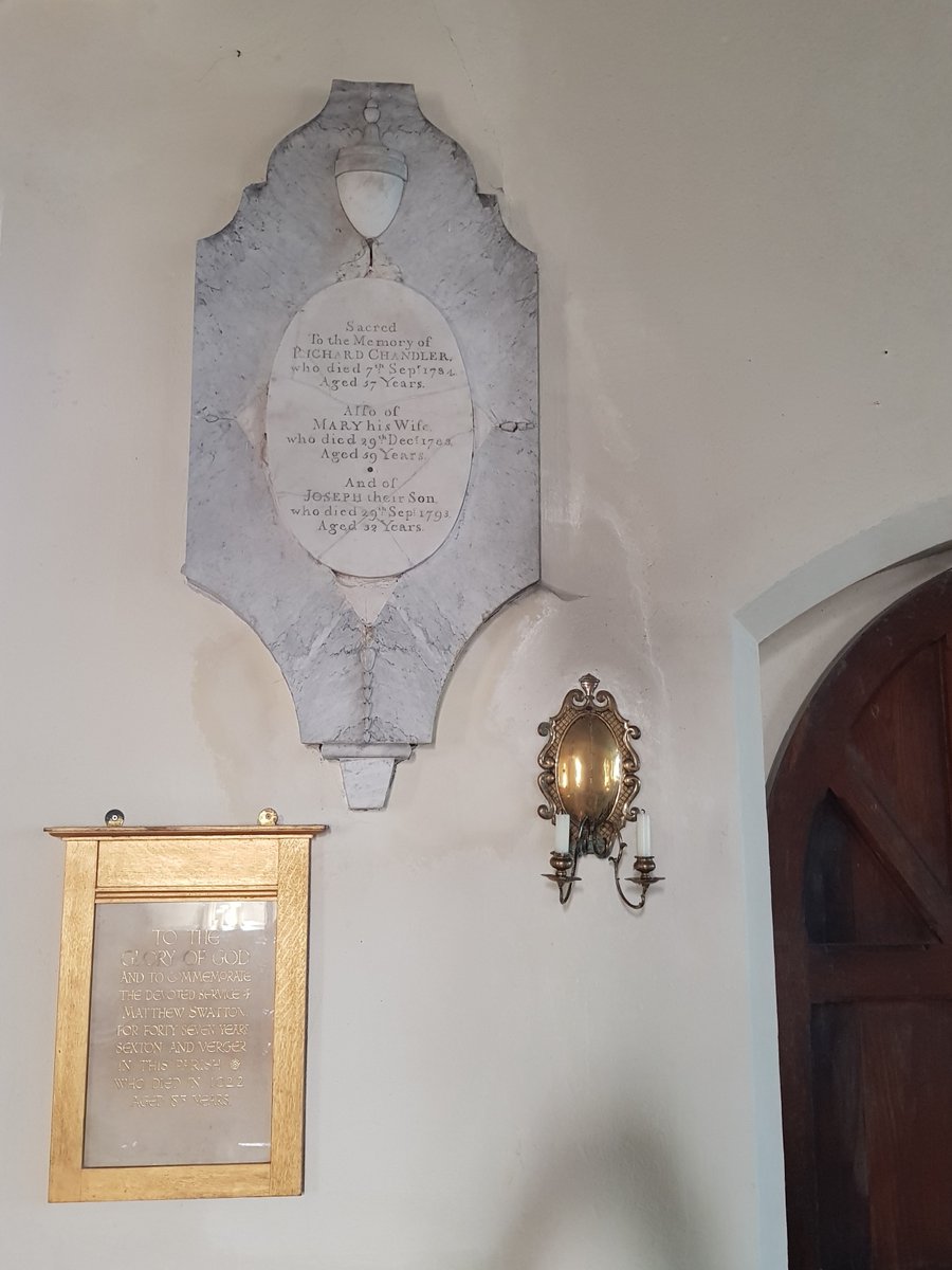 The walls of the church of #StMichaelWilsford are adorned with small highly polished sconces that are really very fetching. One seen here with two of many memorials #MemorialMonday #MementoMoriMonday