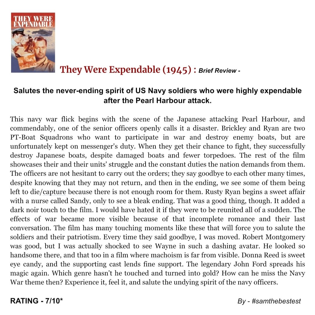 SAMTHEBESTEST_'s tweet photo. Watched #TheyWereExpendable (1945) :

Salutes the never-ending spirit of US Navy soldiers who were highly expendable after the Pearl Harbour attack.

RATING - 7/10*

#JohnFord #JohnWayne #RobertMontgomery #DonnaReed #JackHolt #WardBond #MarshallThompson #PaulLangton #LeonAmes https://t.co/ATuuWSBGy0
