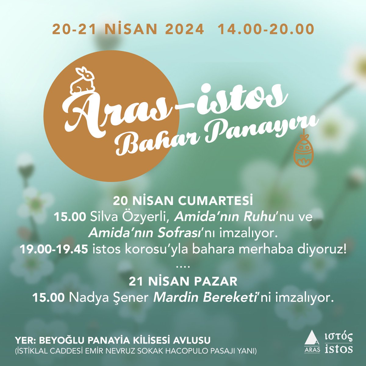 Aras-istos kitap panayırına çok az kaldı! 20-21 Nisan tarihlerinde, Beyoğlu Panayia Kilisesi’nde gerçekleşecek kitap panayırında @sozyerli ve Nadya Şener kitaplarını imzalayacak ve istos korosu bizimle olacak. Tüm okurlarımızı bu hafta sonu Beyoğlu’na davet ediyoruz. ✍🏻🎶📚