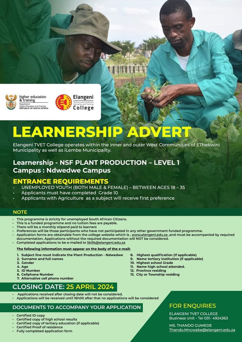 Learnership opportunity
Minimun requirements: Grade 10
Refer to image below👇