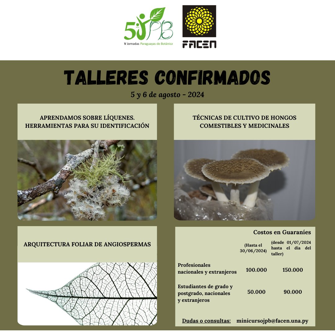 jornadasbotpy's tweet photo. ¡Estos son los tres talleres que se llevarán a cabo en el marco de las V Jornadas Paraguayas de Botánica! 🌳🍄🍃
Para inscripciones acceder a través del QR de la siguiente pagina, o el link presente en la segunda circular.📝
Mayor información a: minicursojpb@facen.una.py https://t.co/62FYFTdxqY