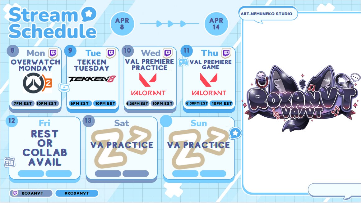 RoxanVT's tweet image. This weeks schedule for streaming! Be on the lookout for random Tekken streams as I increase my practice for upcoming tournaments! Hope ya have an excellent week! 🤠
#Vtuber #StreamingSchedule #Collab #FGC