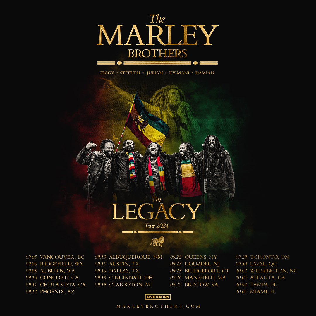 Joyfull to announce the upcoming 22-date 🇺🇸🇨🇦 #MarleyBrothersLegacyTour 🚌🎸🎶 alongside my brothers @stephenmarley @JulianMarley @MaestroMarley @damianmarley!

Presale opens tomorrow (code: MARLEY2024), general on sale friday 10am local.

🎟️ available at marleybrothers.com