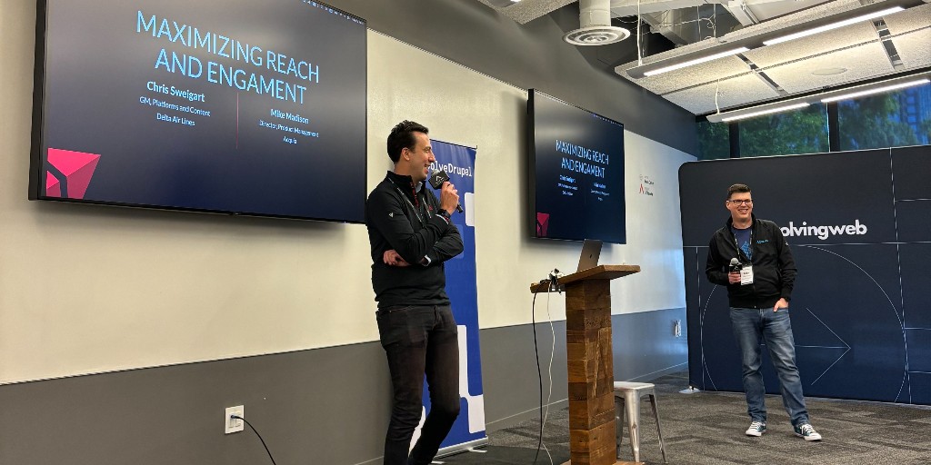 acquia's tweet image. The Acquia team gathered in Atlanta for the #EvolveDrupal summit, hosted by our partner, @evolvingweb. There were discussions that touched on topics from AI, accessibility, inclusive design in higher education, and website creation. It was a fun experience for all!