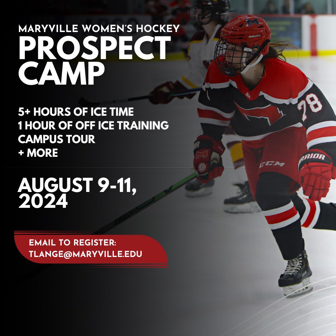 Join us this summer for our second annual prospect camp! Email Coach Lange at tlange@maryville.edu for more info, questions, and registration. 

🗓️AUG 9-11, 2024
📍MARYVILLE UNIVERSITY HOCKEY CENTER 
💲375.00 PER PARTICIPANT 

#Unleashed | #RollDawgs