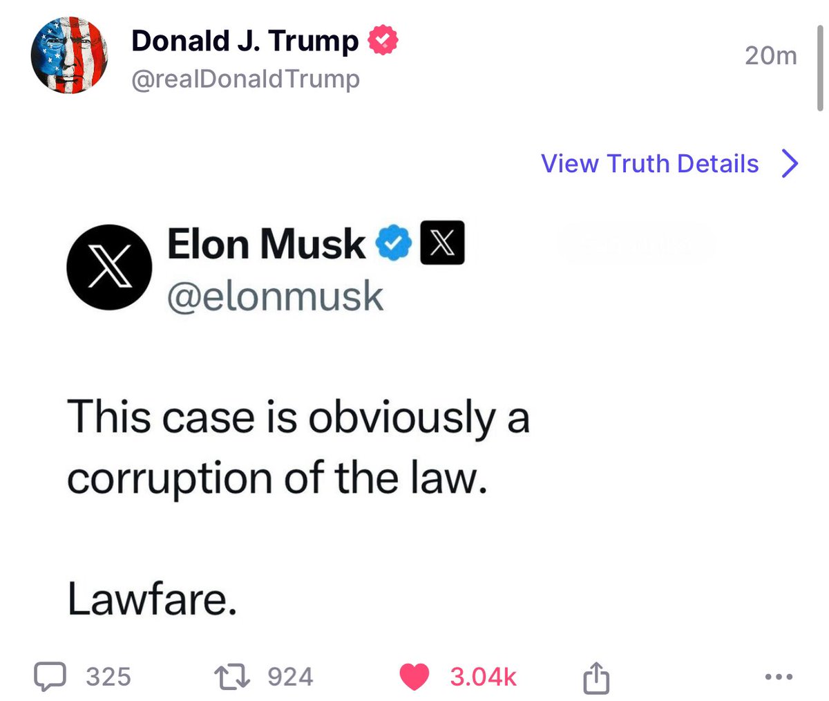 🚨 President Trump just posted a screenshot of @elonmusk’s tweet on Truth Social. Elon said the trial against Trump taking place right now is “obviously a corruption of the law.” He’s right! Thank you, @elonmusk for defending President Trump. MAGA appreciates it! #Trump2024