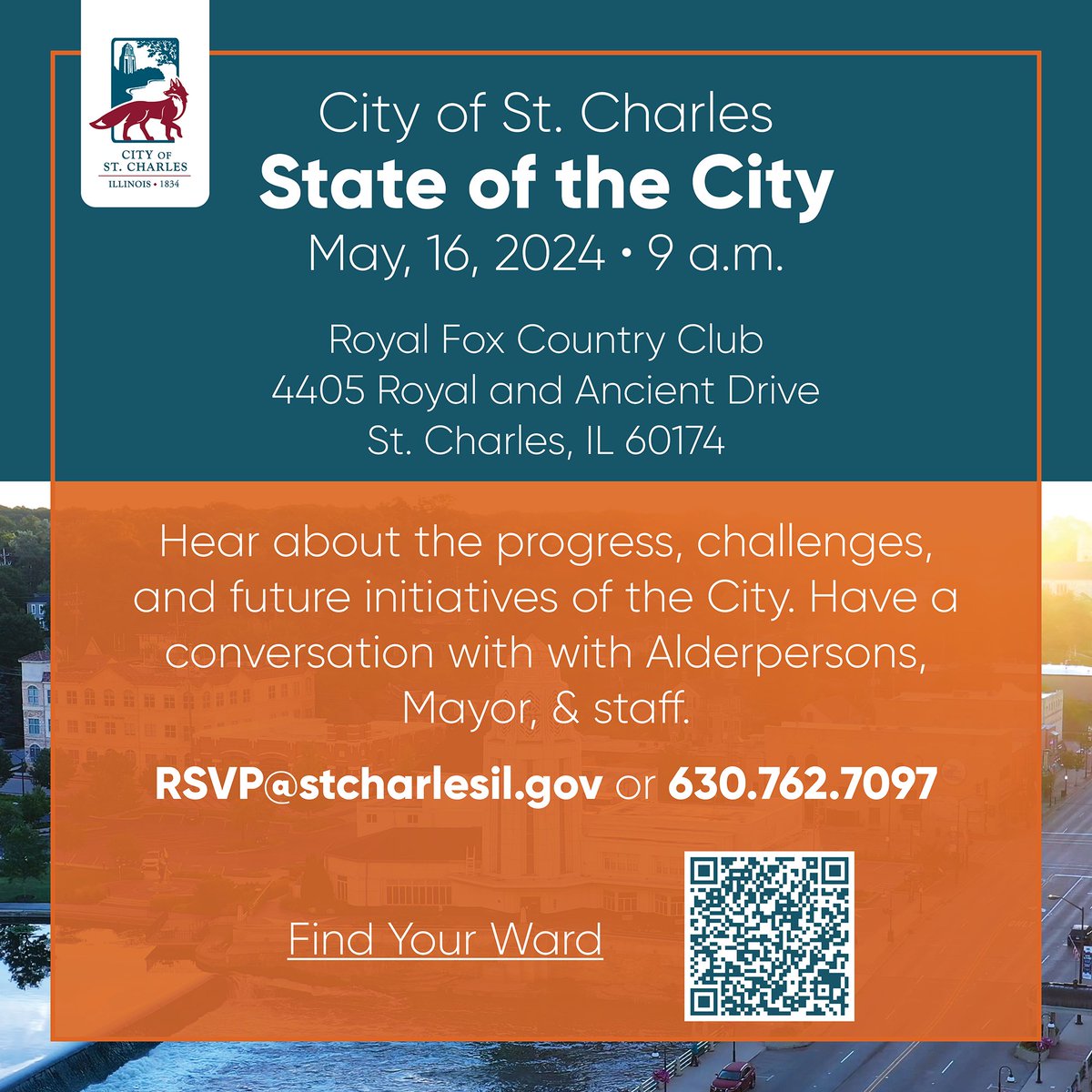 Get an update on all that’s happening in St. Charles at the 'State of the City' event May 16. Hear about the current progress, challenges, and future initiatives of the City. RSVP at rsvp@stcharlesil.gov or 630.762.7097. Details stcharlesil.gov/news/2024/04/1…