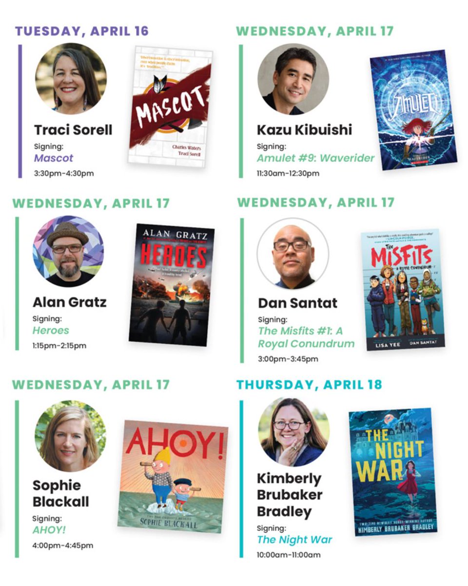 Meet authors Traci Sorell, @boltcity, @AlanGratz, @dsantat, @SophieBlackall, and @kimbbbradley as they sign free books! ✍️