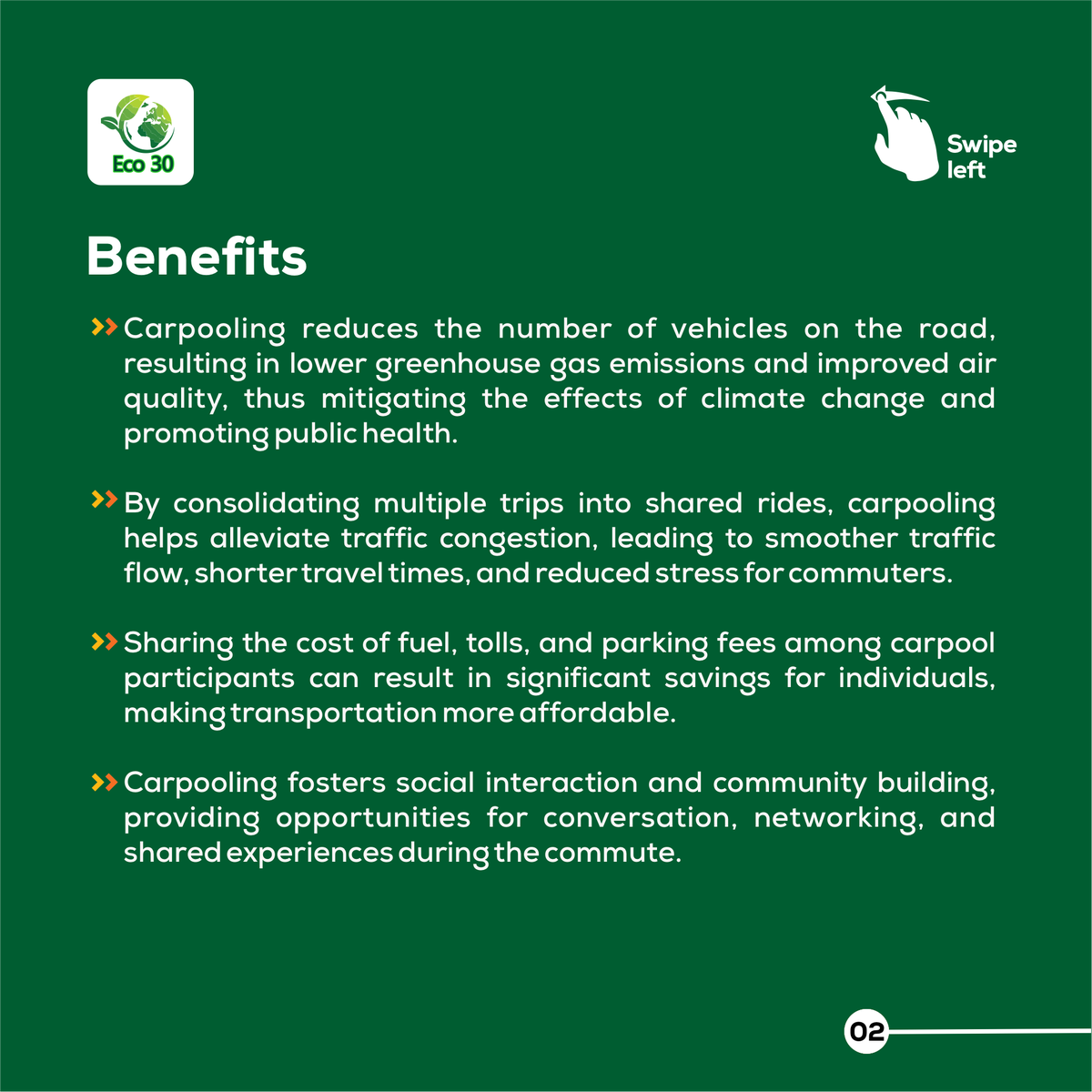 ECO30 Day 15: Embrace Carpooling 
Did you know that Carpooling which involves sharing a ride is a  practical and sustainable way of reducing traffic congestion,lowering carbon emissions and foster connectivity. If you live in a big city, why not share a ride today. #eco30Impact