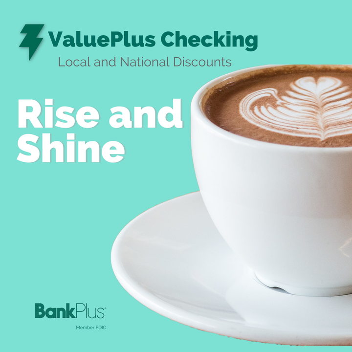 Start your Monday right! BankPlus ValuePlus accounts offer discounts from local coffee shops and from national retailers. See where you can sip and save by visiting bit.ly/3B4YKnB. Learn more about our ValuePlus account benefits: bit.ly/3BnhRYQ