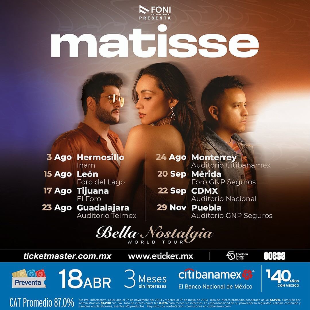 . @Matisse_Mx nos sorprende con una fecha: el 22 de septiembre en el Auditorio Nacional con su World Tour Bella Nostalgia.🤌🏻🥹

¿Con quién van a ir?❓🤔

Etiqueta a esa persona que para ti son más que amigos.🫂

#Matisse #AuditorioNacional #Conciertosmexico #Conciertoscdmx