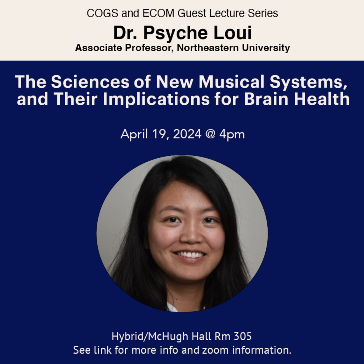 The UConn COGS and <a href="/ECOM_at_UConn/">ECOM Research Group</a> will host Dr. Psyche Loui (<a href="/psycheloui/">Psyche Loui</a>) speaking on "The Sciences of New Musical Systems, and Their Implications for Brain Health." More info: tinyurl.com/louiguesttalk

#uconnmusic #musicscience #cognitivescience