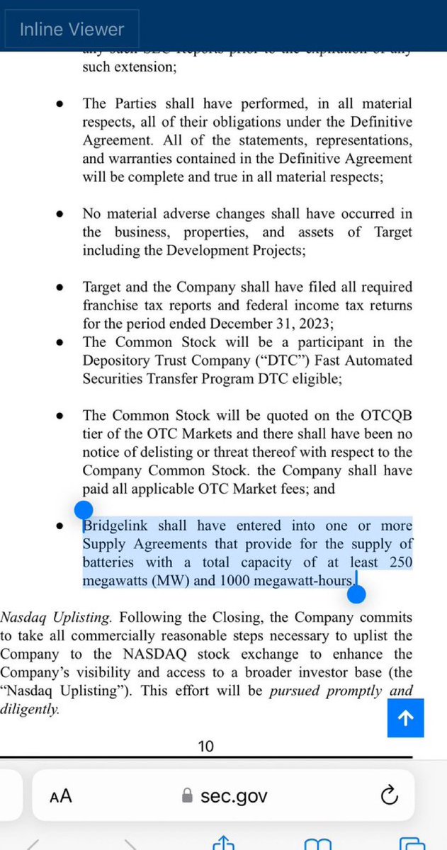 @JordanSolace @PoweredByEos 🤞 

Upon of the merger of Bitech and BL:

“Conditions Precedent,

Bridgelink shall have entered into one or more Supply Agreements that provide for the supply of batteries with a total capacity of at least 250 megawatts (MW) and 1000 megawatt-hours