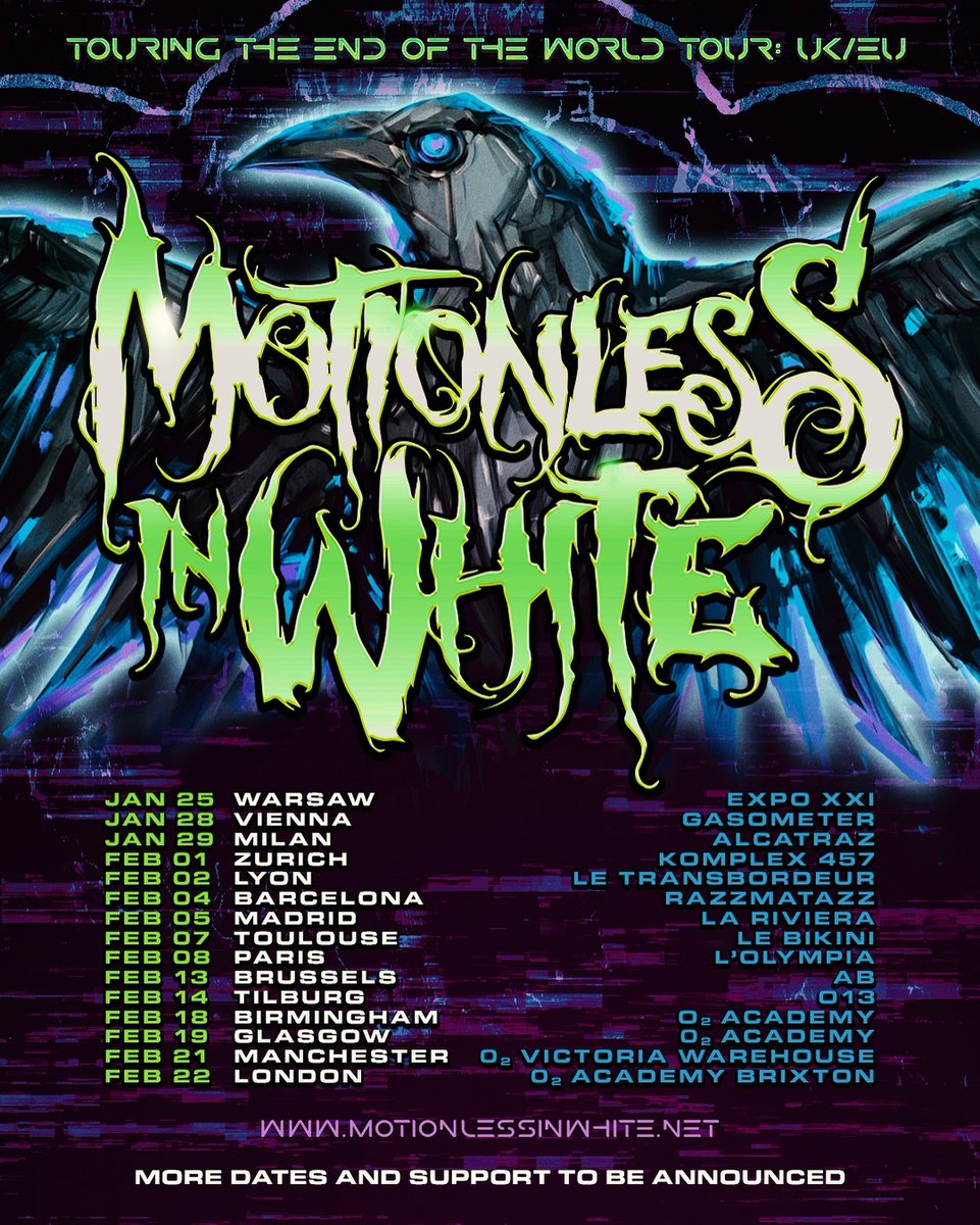 Kicking off 2025 with a bang, @MIWband are coming back to the UK & Europe with their headline tour ‘Touring The End Of The World’! Tickets for the first headline shows in over four years in the UK & EU will go on sale Friday 19 April at 10am local time. motionlessinwhite.net/tour