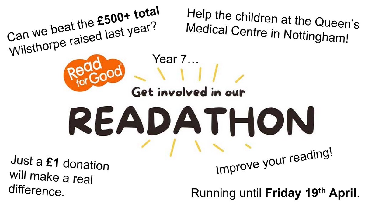 A reminder that our Year 7 ‘Readathon’ ends on Friday. Please hand sponsor cards/money to English teachers. All participants will receive a certificate and prize. Thank you to everyone who has sponsored our students! @ReadforGoodUK