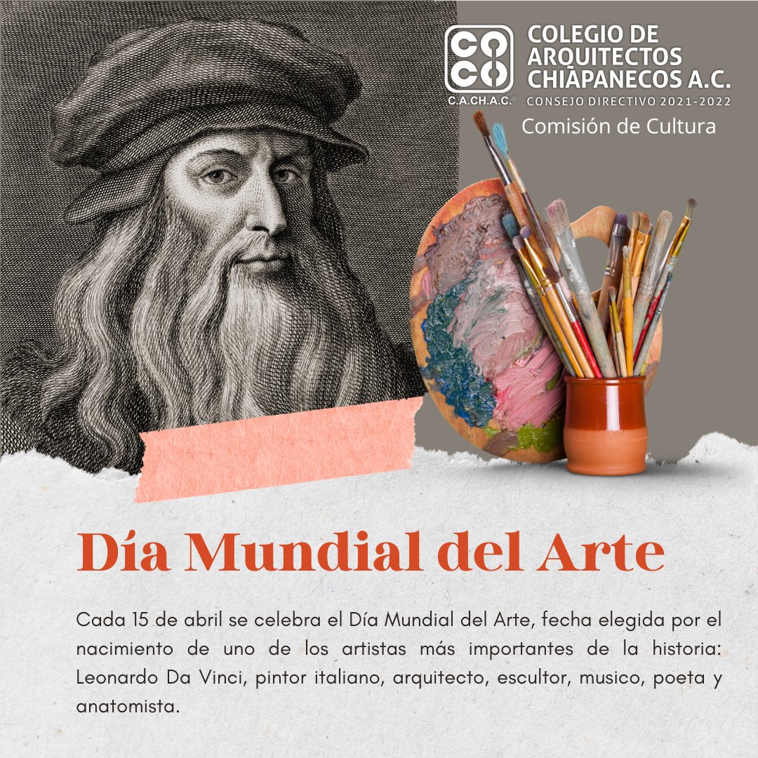 Cada 15 de abril se celebra el Día Mundial del Arte, fecha elegida por el nacimiento de uno de los artistas más importantes de la historia, Leonardo Da Vinci, pintor italiano, arquitecto, escultor, musico, poeta y anatomista.

¡Feliz Día Mundial del Arte!

#LaUnidadNosFortalece