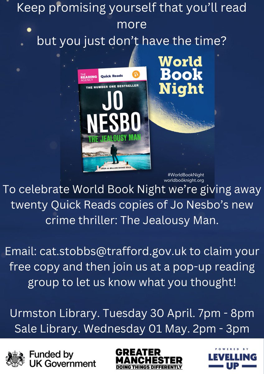 Fancy a Quick Read? We're giving away 20 Quick Reads copies of Jo Nesbo's new crime thriller The Jealousy Man. 

Email: cat.stobbs@trafford.gov.uk to claim a copy and then join us at one of our pop-up reading groups to interrogate this dark and gripping read