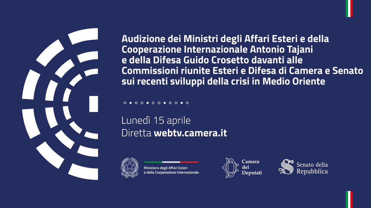 🔴Audizione dei Ministri degli Esteri @Antonio_Tajani e della Difesa @GuidoCrosetto davanti alle Commissioni riunite Esteri e Difesa di @Montecitorio e @SenatoStampa sui recenti sviluppi della crisi in Medio Oriente. 📺Segui la diretta delle 20:00⬇️ webtv.camera.it/evento/25118