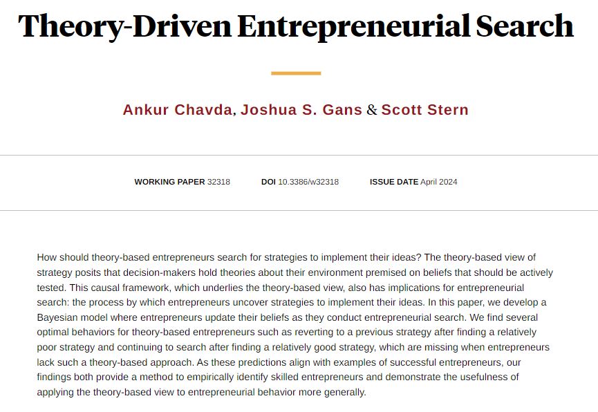 When entrepreneurs search using theory-based knowledge, their performance and observed behavior can differ markedly from those of practice-driven entrepreneurs, from Ankur Chavda, @joshgans, and @sstern_mit nber.org/papers/w32318