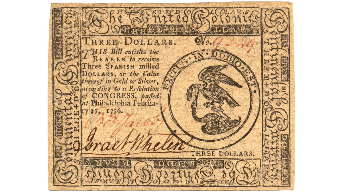 Issued under the authority of the Continental Congress, this example of paper currency in our collection bears the image of an eagle attacking a crane with the Latin motto “EXITUS IN DUBIO EST” (The Outcome is in Doubt). #TaxDay 💵: bit.ly/33kTjPF