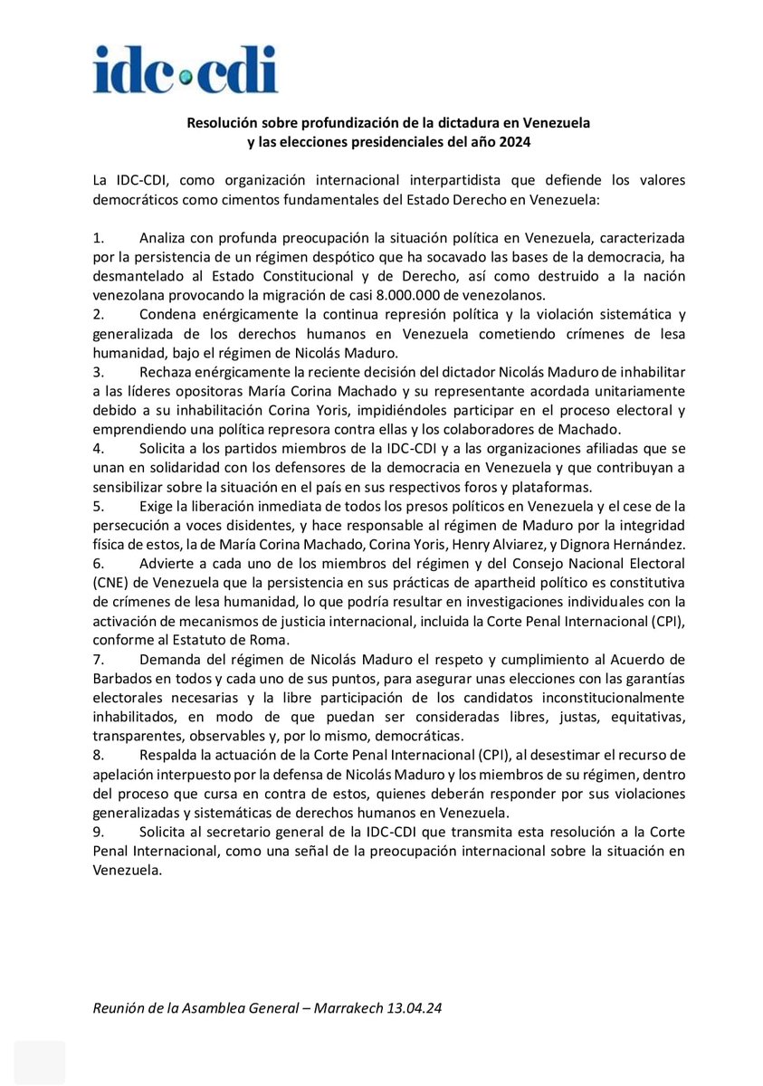 Resolución consensuada @idc_cdi , @ODCA y @Pr1meroJusticia sobre profundización de la Dictadura en #Venezuela y las elecciones presidenciales del año 2024, aprobada en la asamblea general celebrada en Marrakech, Marruecos