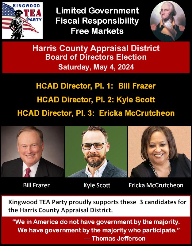 .@kwteaparty proudly endorses @kanthonyscott @Frazer4Houston & #EricaMcCrutcheon to Harris County, TX Appraisal District (HCAD) Board of Directors.

If you, too, are tired of ever-increasing Property Taxes via always 🚀🚀🚀 Appraisal Values, 
 VOTE for these three candidates!