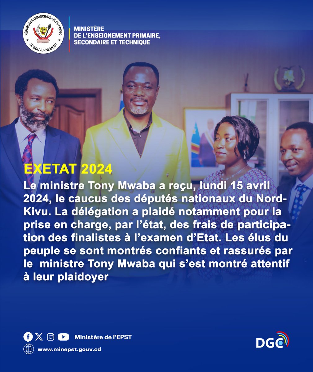 #EXETAT2024 : Conduite par la ministre provinciale de l'éducation du Nord-Kivu, la délégation s'est dit rassurée de l'entrevue avec le ministre Tony Mwaba. Tout porte à croire que ces épreuves certificatives se dérouleront en toute quiétude.