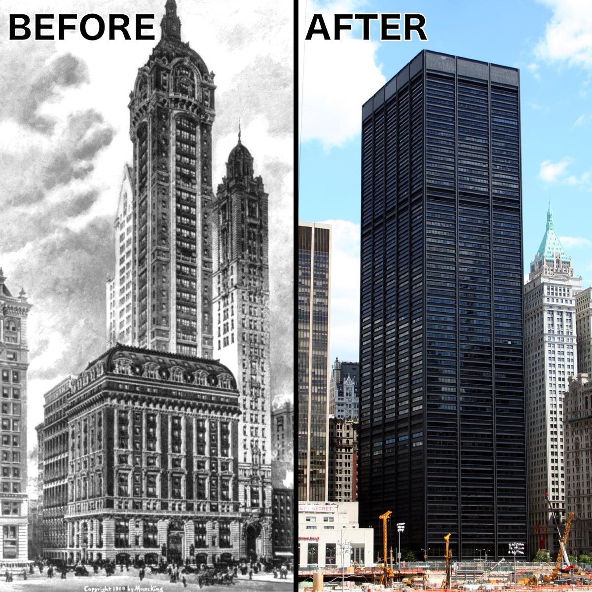 4. The Singer Building (1908 - 1968) Maybe the greatest of the early skyscrapers, and once the tallest building on Earth. When its antiquated floor plan was deemed too inefficient for modern use, it was razed — and replaced by something far less dignified...