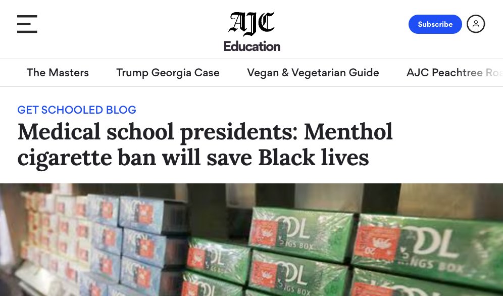 The leaders of three historically Black medical schools — @Morehouse, @cdrewu and @MeharryMedical  — in a letter to the @Whitehouse 👇

'Eliminate menthol cigarettes and flavored cigars to save Black lives and advance health equity.' 
ajc.com/education/get-…
