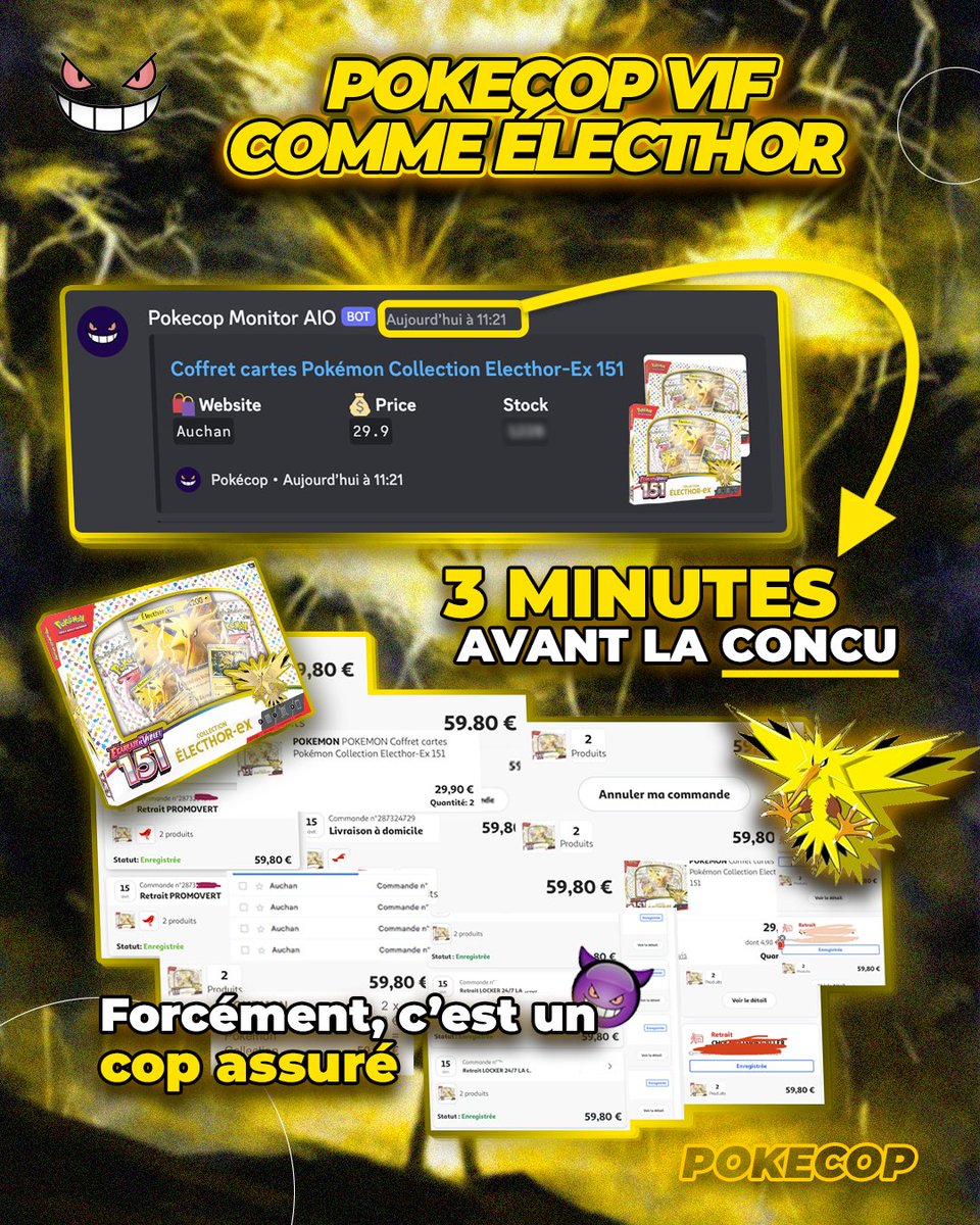 Et oui, nos monitors sont bien plus rapides que la concurrence ! Aucun soucis pour chopper le restock de coffret Electhor de ce matin ⚡️

RT, follow et envoie nous un DM pour essayer de nous rejoindre 😈