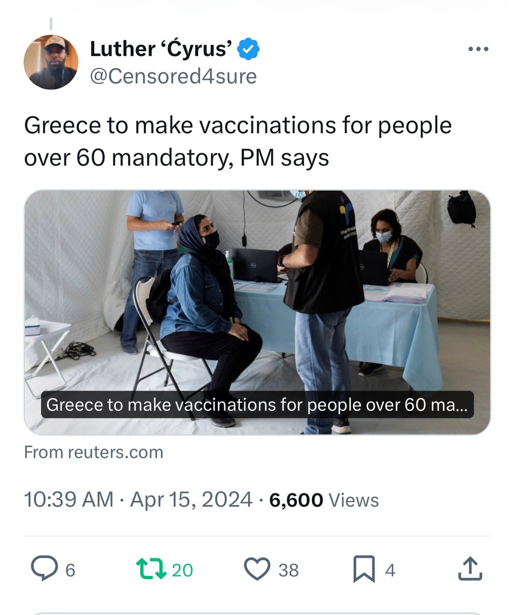 TruthUnitesUs's tweet photo. “Greece to make vaccinations for people over 60 mandatory, PM says”⁉️ Really⁉️ Illegally attempting to “mandate” something that might kill you⁉️❌🤬 37,382 deaths attributed to experimental #mRNAinjections through 3/29/2024‼️💉❌
#DoNotComply #Depopulation
#DepopulationAgenda #CrimesAgainstHumanity #VAERS #OpenVAERS #DontGetVaxxed
Thanks @Censored4sure 🙏
https://t.co/HufZQXRE7V
https://t.co/L0dBSCnuWs
https://t.co/6fMRPrecZX
@P_McCulloughMD @drsimonegold @drscottjensen @MdBreathe
@DailyClout @zerohedge @MakisMD @gatewaypundit @laralogan @jsolomonReports @DanScavino @GenFlynn @GodsRiddles @AaronSiriSG @AaronKheriatyMD @AAPSonline @AFLDSorg @FrontlineNewsUS @Covid19Critical @elonmusk