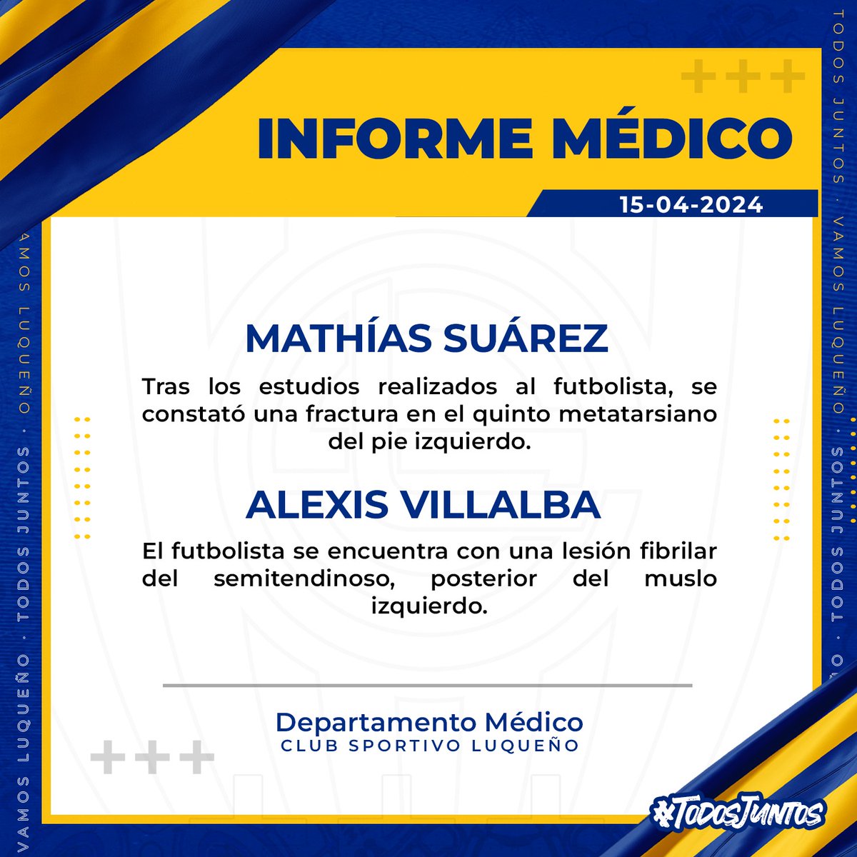 📋 Informe médico de nuestros futbolistas Mathias Suárez y Alexis Villalba.