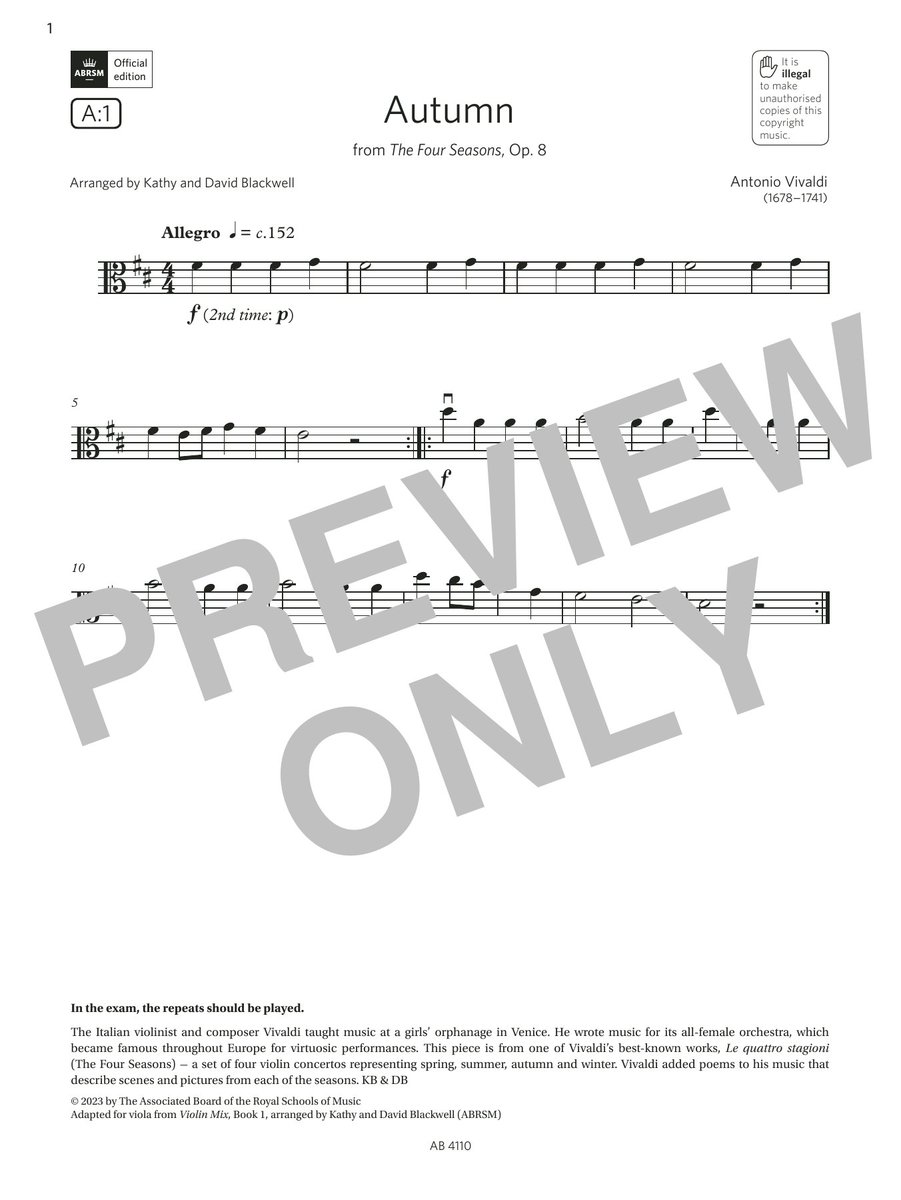 Antonio Vivaldi Autumn (Grade Initial, A1, from the ABRSM Viola Syllabus from 2024) Sheet Music Notes freshsheetmusic.com/antonio-vivald… #vivaldi #classicalmusic #music