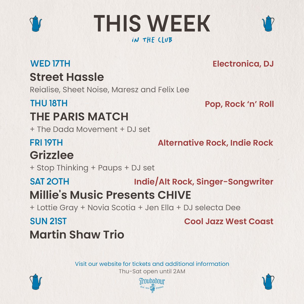 This week at the Troubadour 🪕✨ Visit troubadourlondon.com/all-music-even… for tickets and additional info 👈 #troubadourlondon #earlscourt #londonnights