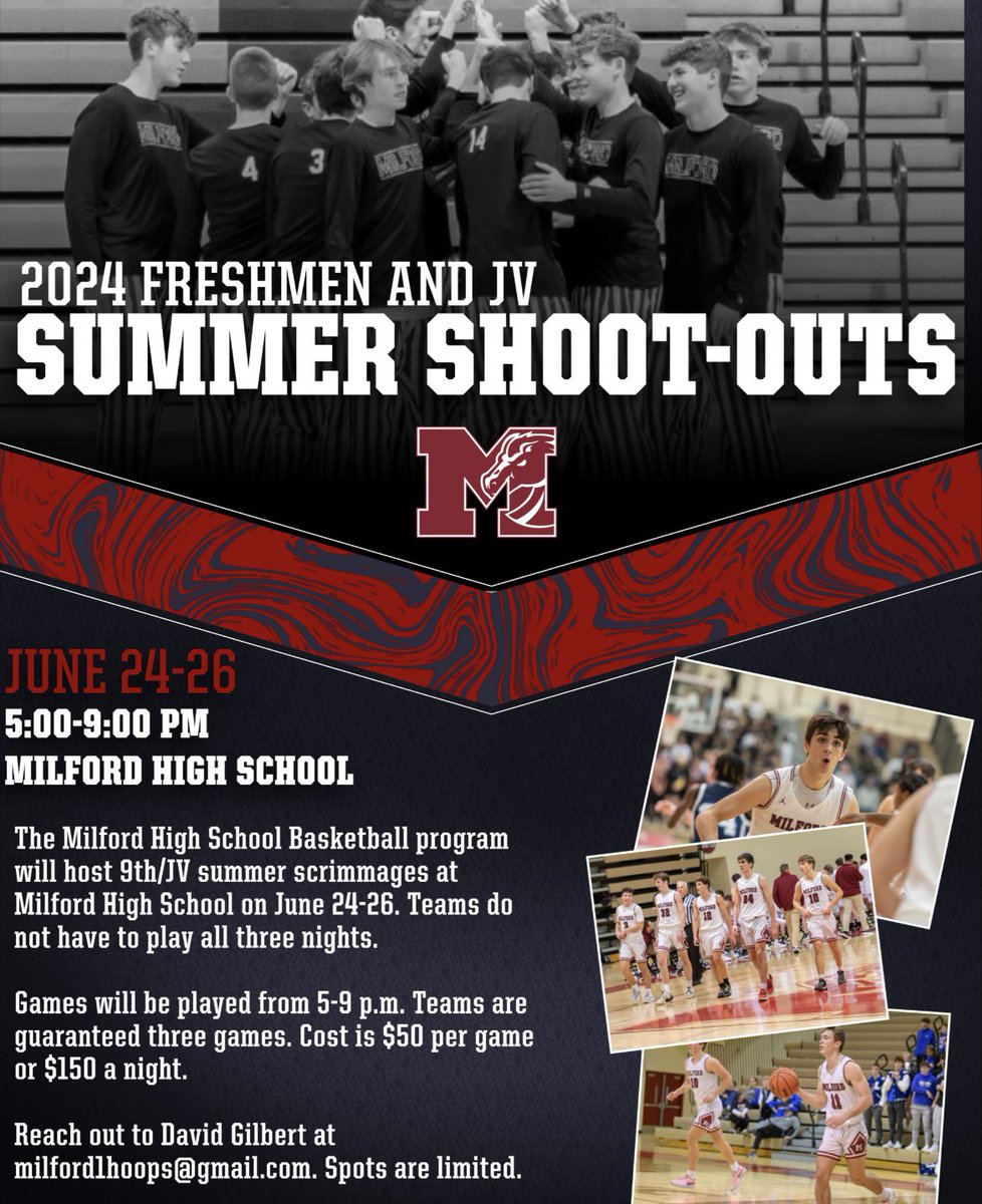 Looking for an opportunity for incoming Freshmen or JV teams this summer? Check out our summer shoot-out dates below. Contact milford1hoops@gmail.com to register or if you have any questions. Spots are limited!