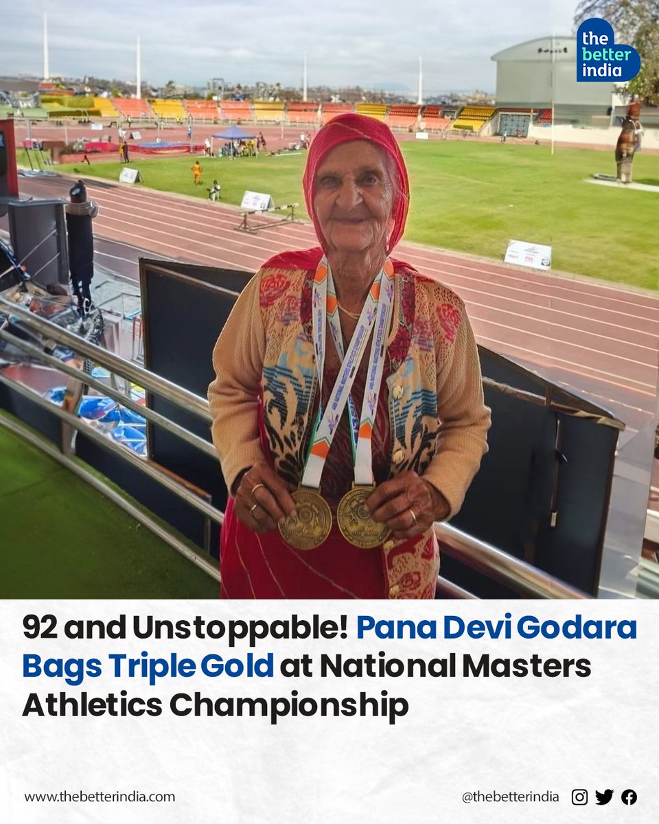 At 92, Rajasthan's Pana Devi Godara has clinched a stunning triple gold medal victory in the 100-metre race, shot put, and discus throw at the 44th National Master Athletics Championship 2024 held in Pune.

#PanaDeviGodara #NationalChampion #MastersAthletics #Inspiration…