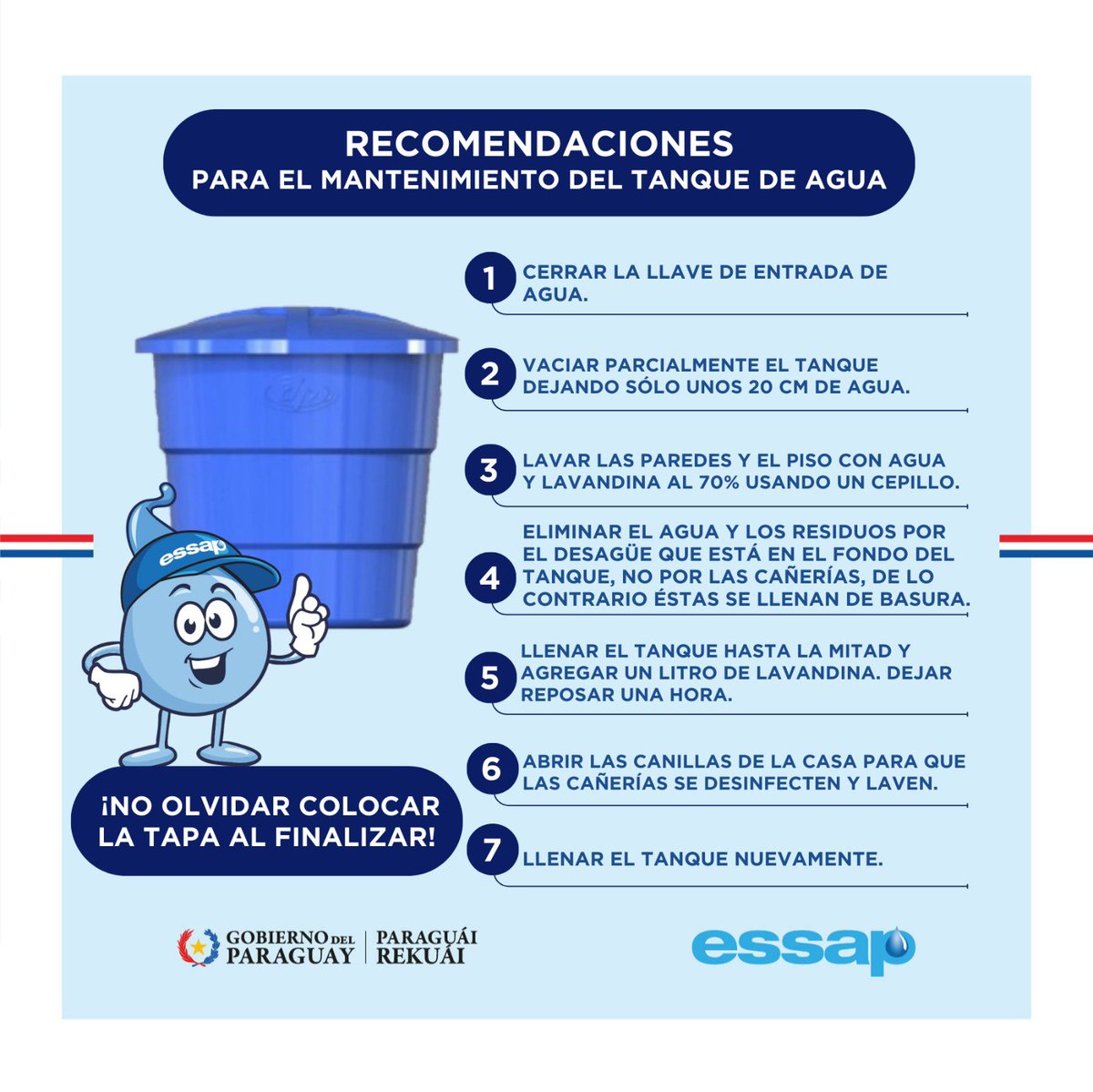 ⚠️ En ocasiones, agua turbia puede presentarse por la falta de mantenimiento de tu tanque. 💡 Tené en cuenta estas recomendaciones para su cuidado. 📞 Ante cualquier duda contactanos al 021 162. #GobiernoDelParaguay
