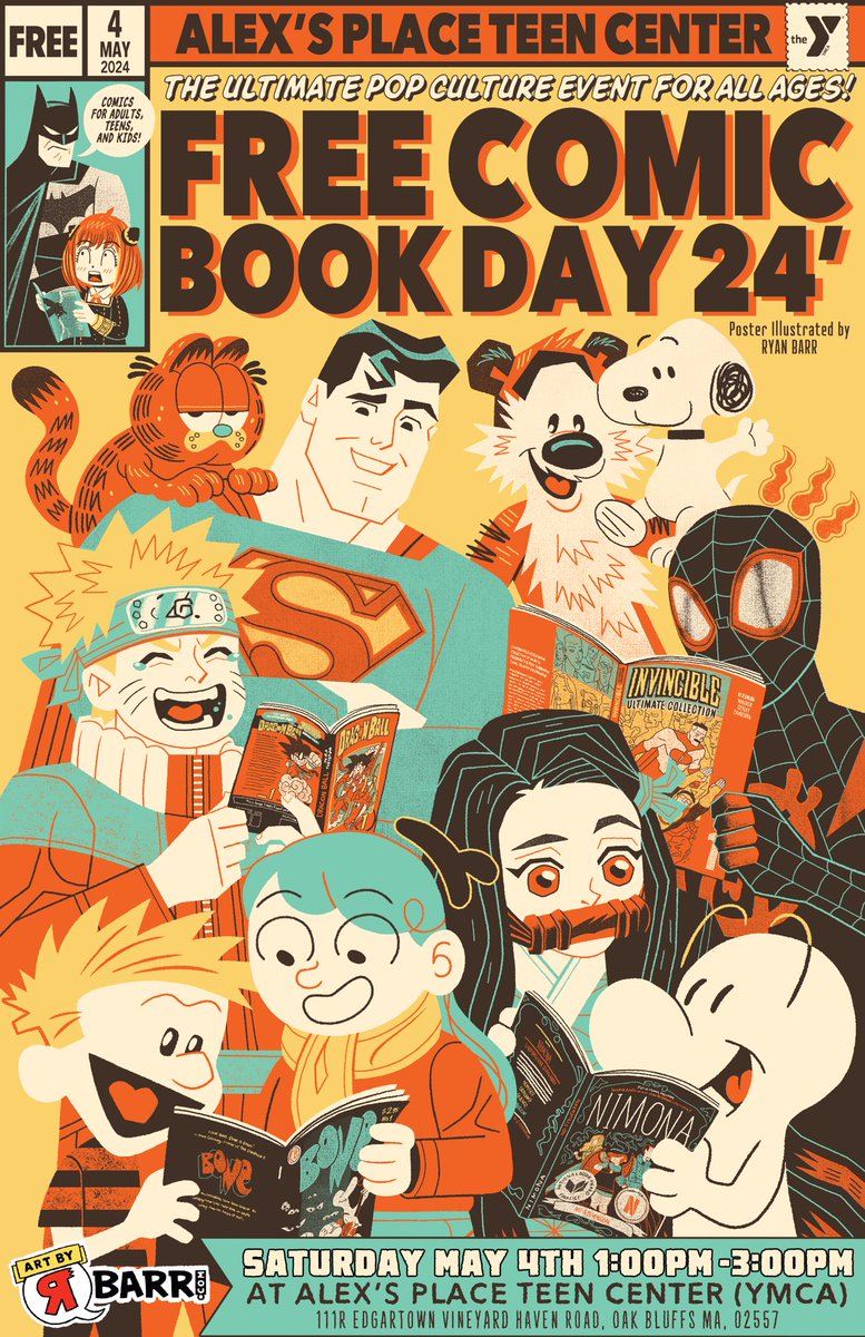 artbyrbarr's tweet image. Here’s my FCBD poster for my jobs event with typography! (Including Batman not looking too happy that Anya Forger is reading DKR)

Thanks for the positive response, folks! This was some of the most fun I’ve ever had drawing!