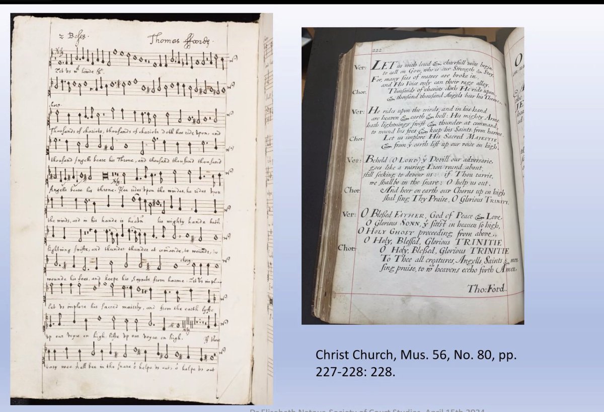 A book of anthems in the Bodleian give us an insight into the religious music preferred by Charles I. Another amnuscript shows anthems close to dramatic secular music like masques. Elisabeth Natour (SCS seminar)