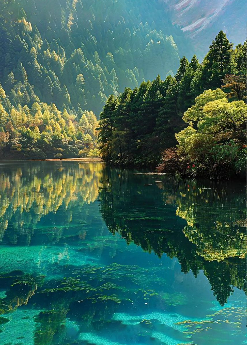 The emerald pines cascade their green,
Into the lake's reflective sheen.
青松泻绿入湖水