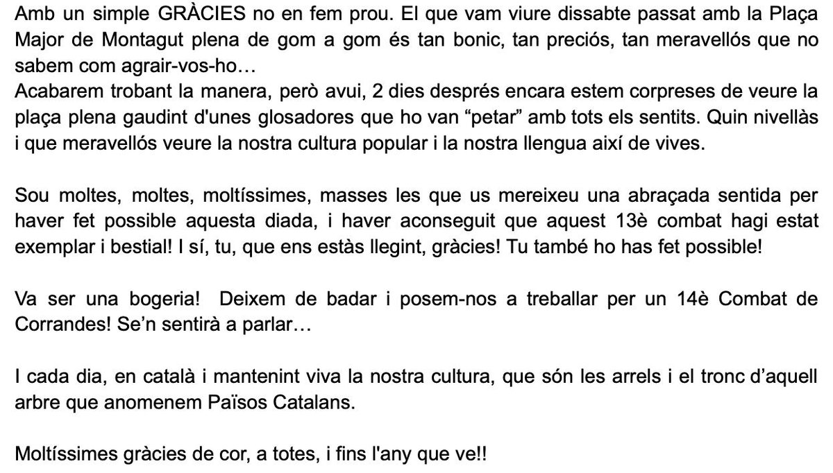Amb un simple GRÀCIES no en fem prou. El que vam viure dissabte passat amb la Plaça Major de Montagut plena de gom a gom és tan bonic, tan preciós, tan meravellós que no sabem com agrair-vos-ho…

(Llegiu tot el text d'agraïment a la 2a imatge)