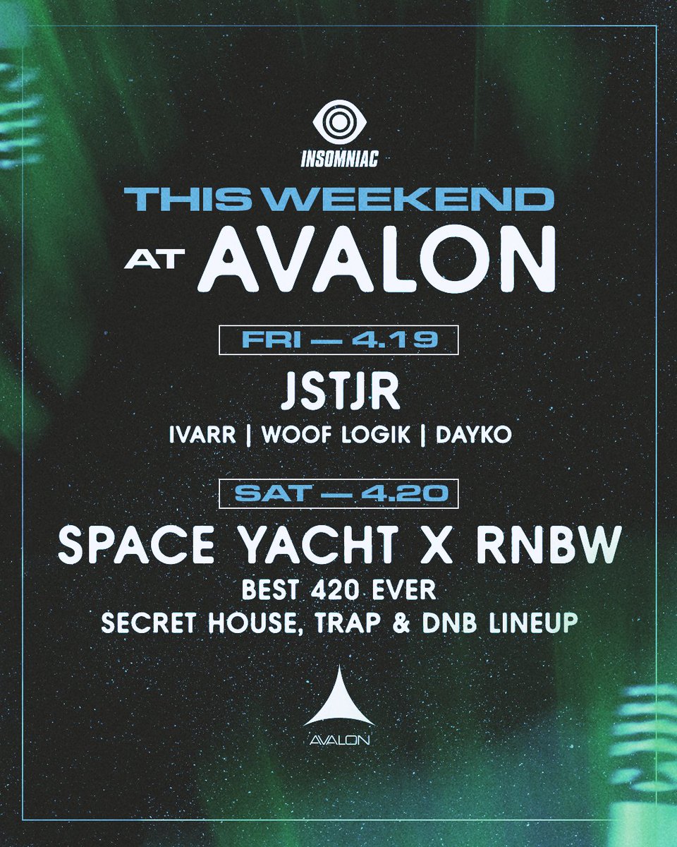 Let's celebrate this weekend starting off on Friday 4/19 with @JSTJR's The Bassline Tour that includes a STACKED lineup.🤌 @spaceyacht  and @RnbwWorld  round it out with the Best 420 Ever, where you can expect a banging  secret lineup and more..👀💚→ avalonhollywood.com