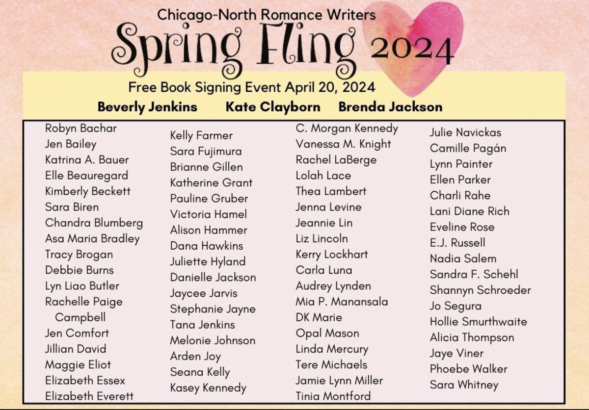 Hey, Chicago book lovers! 60 authors. NO entry fee. Come to the Spring Fling romance novel signing event this weekend! PS this hotel is right by the train station, and there's free parking! @ChicagoNorthRW #booktwt
