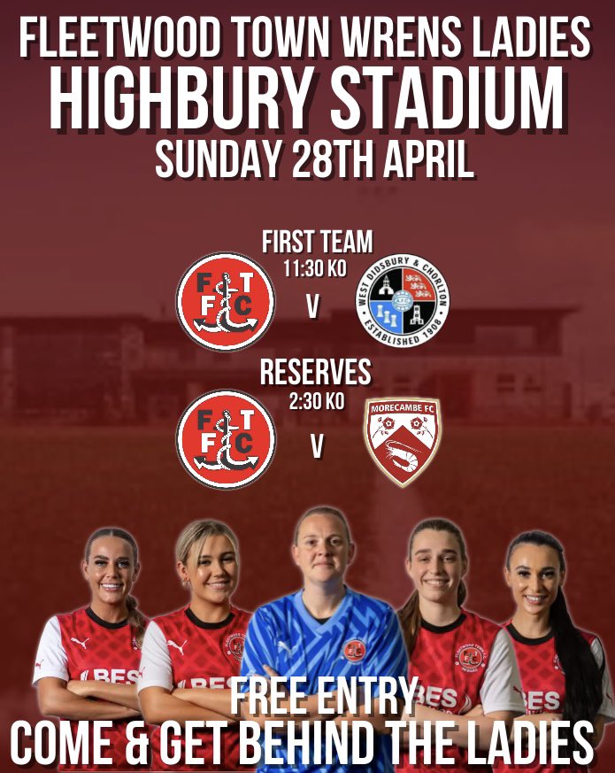 𝗕𝗮𝗰𝗸 𝘁𝗼 𝗯𝗮𝗰𝗸 𝗟𝗮𝗱𝗶𝗲𝘀 𝗳𝗶𝘅𝘁𝘂𝗿𝗲𝘀, 𝗮𝘀 𝘄𝗲 𝗵𝗲𝗮𝗱 𝘁𝗼 𝗛𝗶𝗴𝗵𝗯𝘂𝗿𝘆 𝗦𝘁𝗮𝗱𝗶𝘂𝗺🏟️ 

A date for your diary, please come on down &amp; get behind us⚽️

⚽️Two Great Fixtures 
🎟️ Free Entry 
🍟Food available to buy 

#OnwardTogether | <a href="/ftfc/">Fleetwood Town Football Club</a>  | <a href="/FTFCCommunity/">Fleetwood Town Community Trust</a>