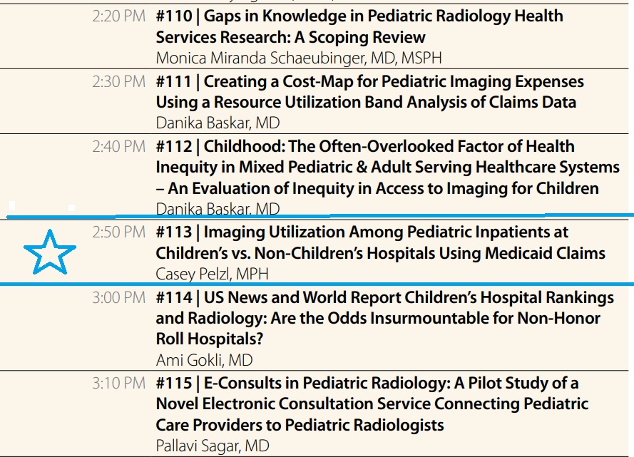 #SPR24: Don't miss scientific session #113 by our Senior Economics and Health Services Analyst, Casey Pelzl, today at 2:50PM! Title: Imaging Utilization Among Pediatric Inpatients at Children’s vs. Non-Children’s Hospitals Using Medicaid Claims Room: Versailles Ballroom