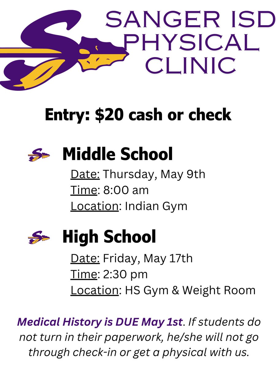 Physicals are in just a few weeks!! Get your paperwork in ASAP. - Medical History is due in person! - All other paperwork is online at sangerisd.rankone.com/New/NewFormLis… *MS don't forget to hand in your lunch forms as well!*