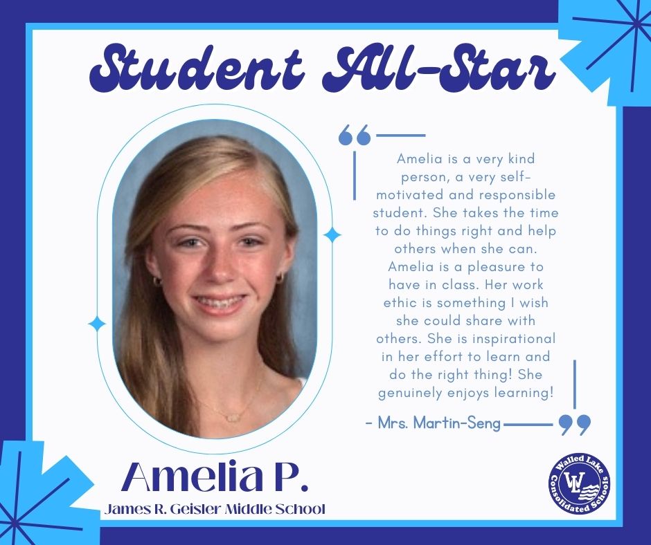 Join us in honoring Amelia P. as our latest Walled Lake Student All-Star! Thank you for being an All-Star at James R. Geisler Middle School and in the community! 💙 #WEareWLCSD @geislerwolfpack